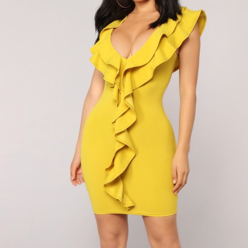 Mustard ruffle front mini body on dress sz L